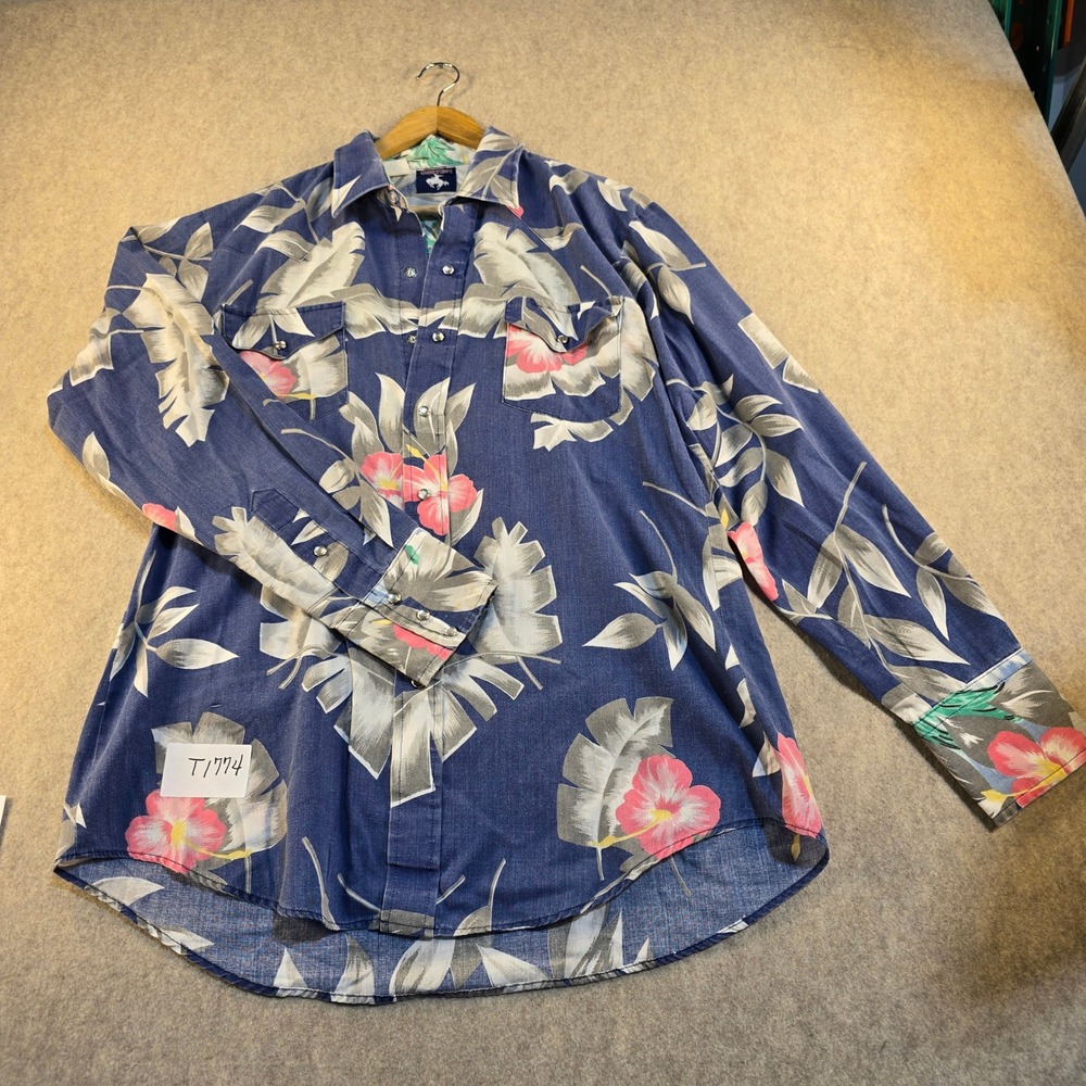 Vintage Chute #1 Mens Western Pearl Snap Shirt Blue‎ Tropical Hibiscus Palm Tree